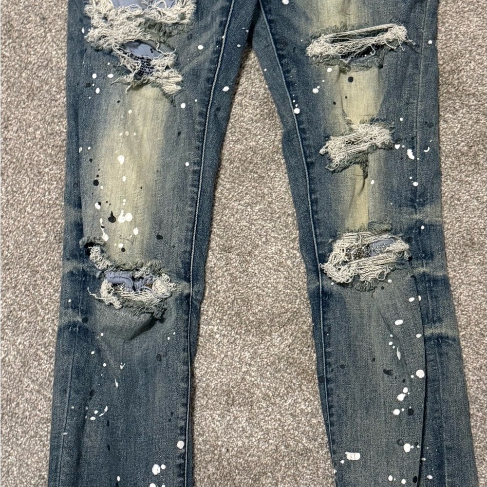GTFO las angeles Distressed Blue Jeans with Paint Splatter
